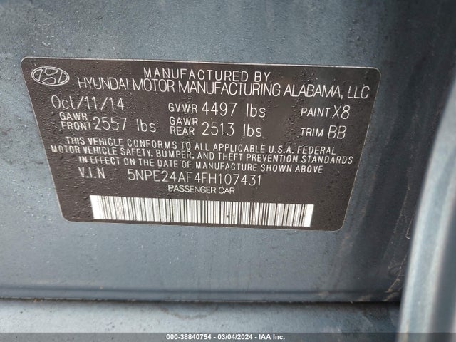 Hyundai SONATA SE 2015 5NPE24AF4FH107431 Image 9