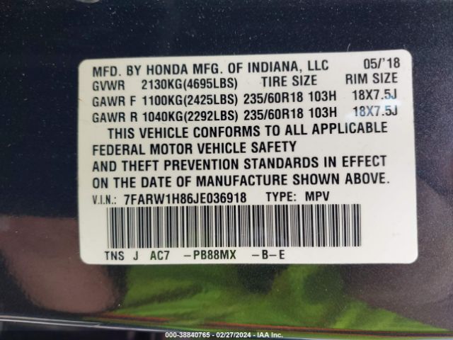 7FARW1H86JE036918 Honda Cr-v Ex-l/ex-l Navi