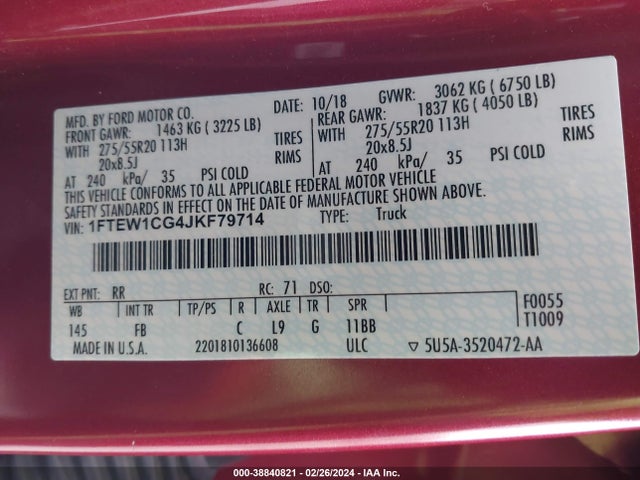Ford F150 Supercrew 2018 1FTEW1CG4JKF79714 Image 9