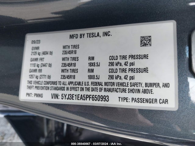 Tesla Model 3 Rear-wheel Drive 2023 5YJ3E1EA5PF650993 Image 9
