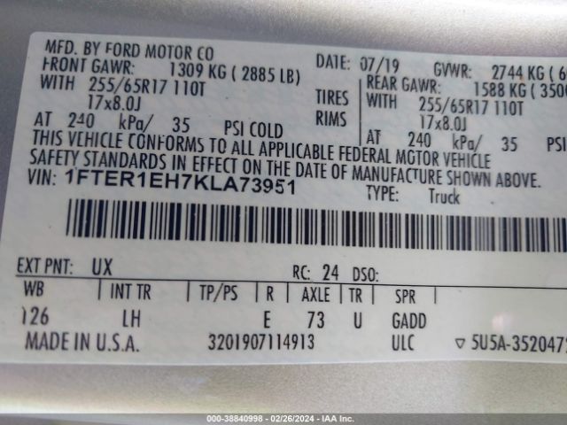 1FTER1EH7KLA73951 Ford Ranger Xlt