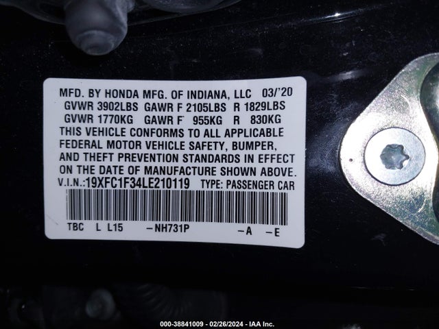 2020 HONDA CIVIC EX VIN: 19XFC1F34LE210119