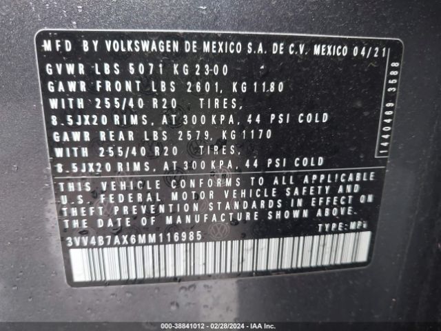 3VV4B7AX6MM116985 Volkswagen Tiguan 2.0t Sel Premium R-line