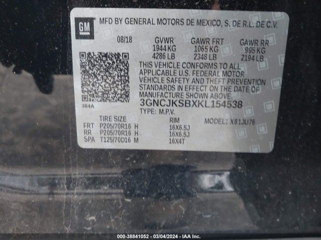 Chevrolet TRAX LS 2019 3GNCJKSBXKL154538 Image 9