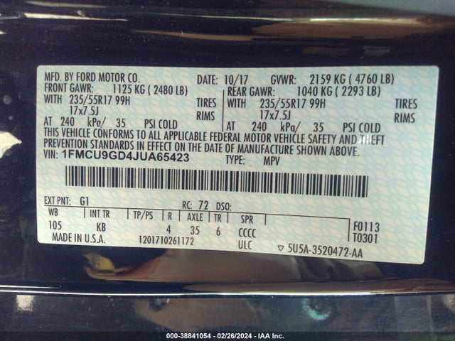 1FMCU9GD4JUA65423 Ford ESCAPE SE