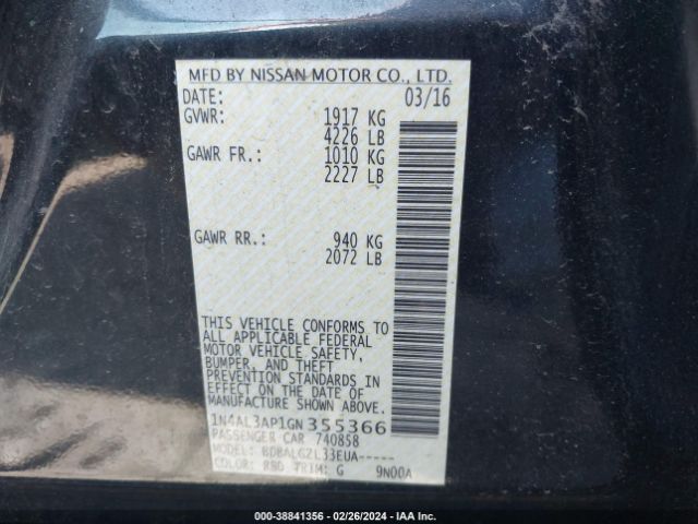1N4AL3AP1GN355366 Nissan Altima 2.5/2.5 S/2.5 Sl/2.5 Sr/2.5 Sv