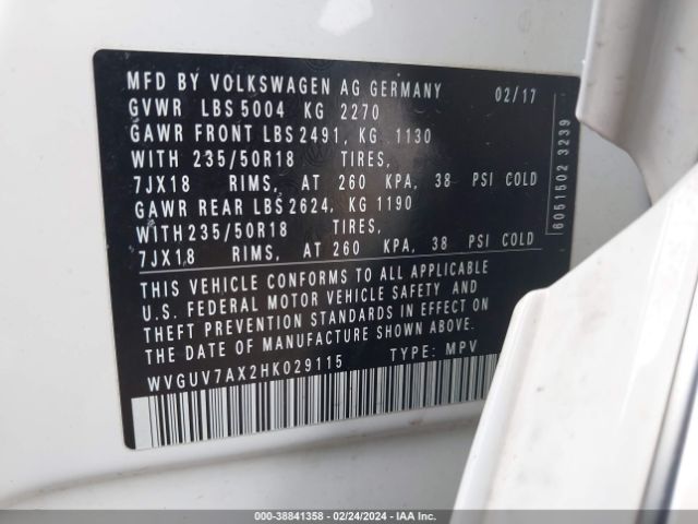 WVGUV7AX2HK029115 Volkswagen Tiguan 2.0t Sport