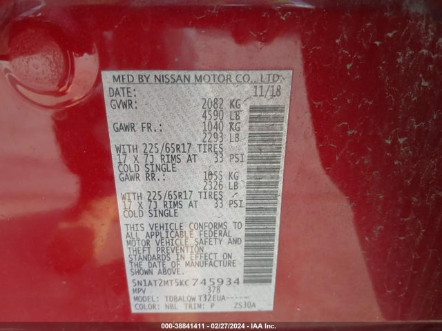 Nissan ROGUE SV 2019 5N1AT2MT5KC745934 Image 9