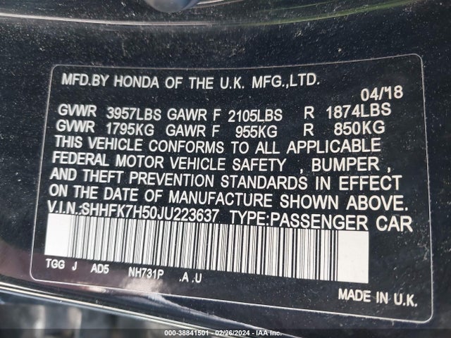 Honda CIVIC EX 2018 SHHFK7H50JU223637 Image 9