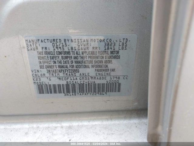 Nissan SENTRA S 2015 3N1AB7APXFY229869 Image 9