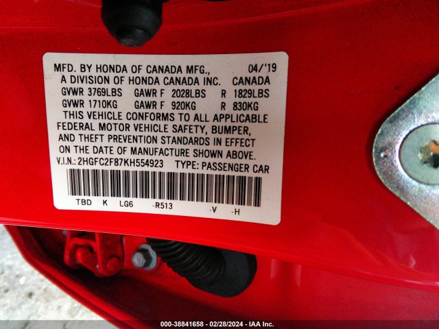 Honda Civic Sport 2019 2HGFC2F87KH554923 Image 9