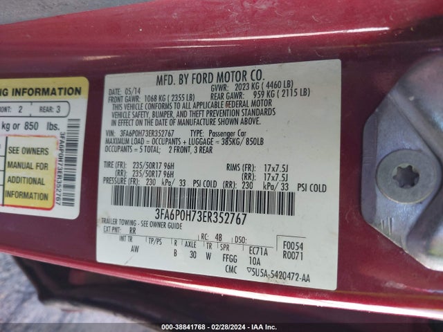 Ford FUSION SE 2014 3FA6P0H73ER352767 Image 9