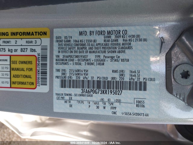 Ford FUSION S 2019 3FA6P0G73KR195027 Image 9
