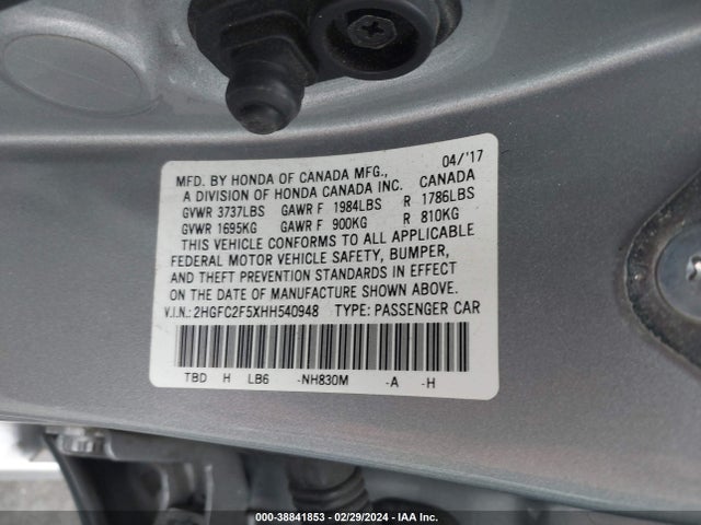 Honda Civic Lx 2017 2HGFC2F5XHH540948 Image 9