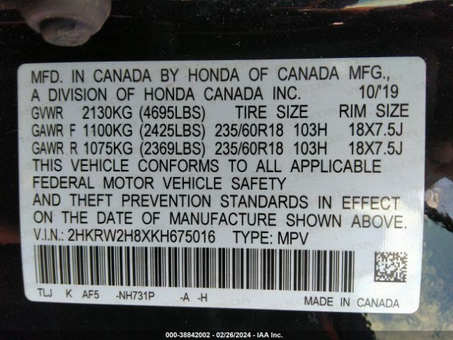 2HKRW2H8XKH675016 Honda Cr-v Ex-l