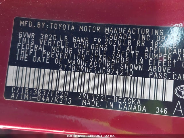 Toyota COROLLA SE 2018 2T1BURHE1JC974210 Image 9
