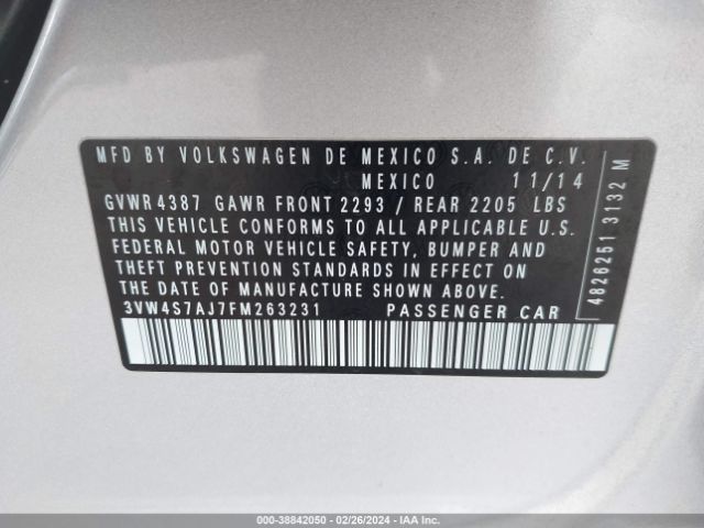 3VW4S7AJ7FM263231 Volkswagen Jetta 2.0t Gli Sel