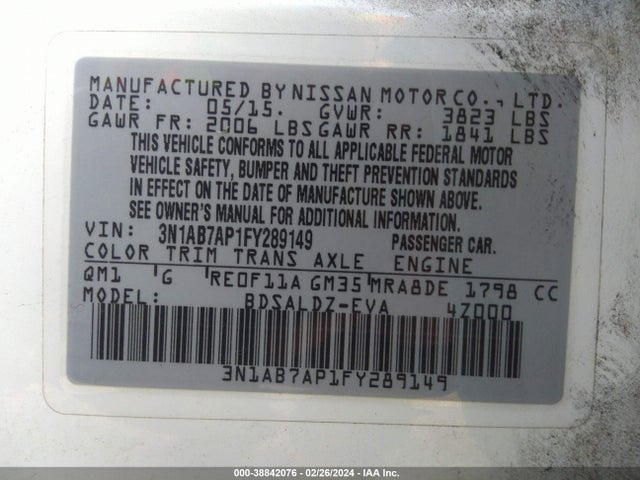 Nissan Sentra Fe+ S/s/sl/sr/sv 2015 3N1AB7AP1FY289149 Image 9