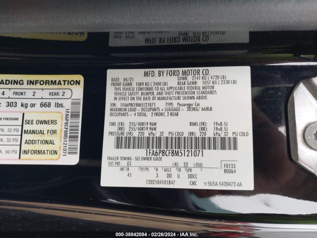 2021 FORD MUSTANG GT PREMIUM FASTBACK VIN: 1FA6P8CF8M5121071