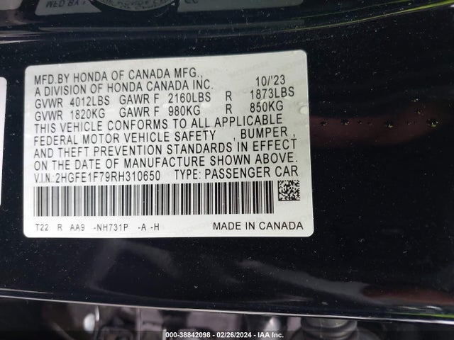 Honda CIVIC EX 2024 2HGFE1F79RH310650 Image 9