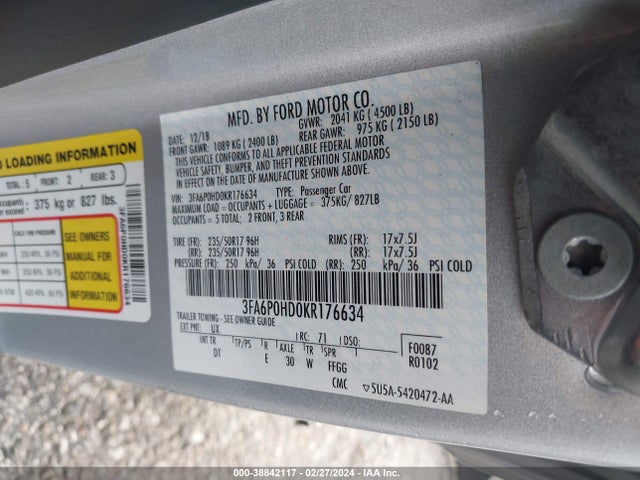 Ford FUSION SE 2019 3FA6P0HD0KR176634 Image 9