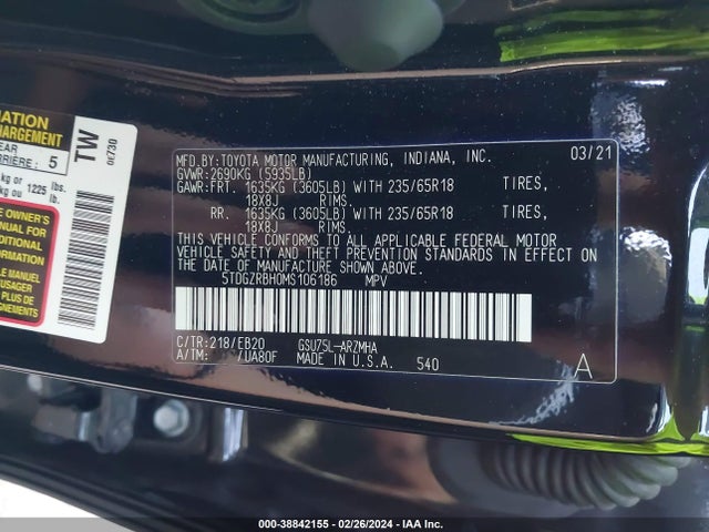 Toyota Highlander Xle 2021 5TDGZRBH0MS106186 Image 9