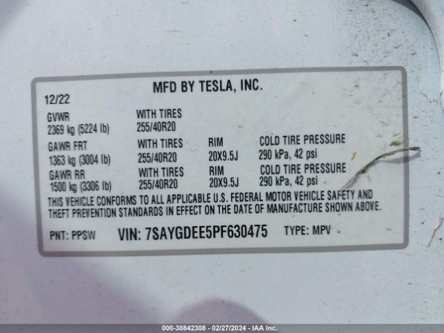 7SAYGDEE5PF630475 Tesla Model Y Awd/long Range Dual Motor All-wheel Drive