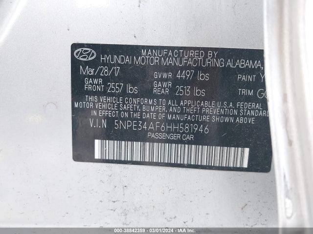 Hyundai Sonata Sport 2017 5NPE34AF6HH581946 Image 9