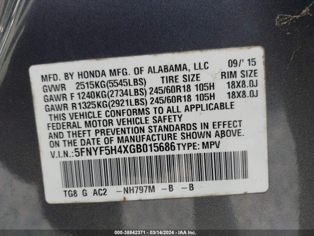 Honda Pilot Ex 2016 5FNYF5H4XGB015686 Image 9