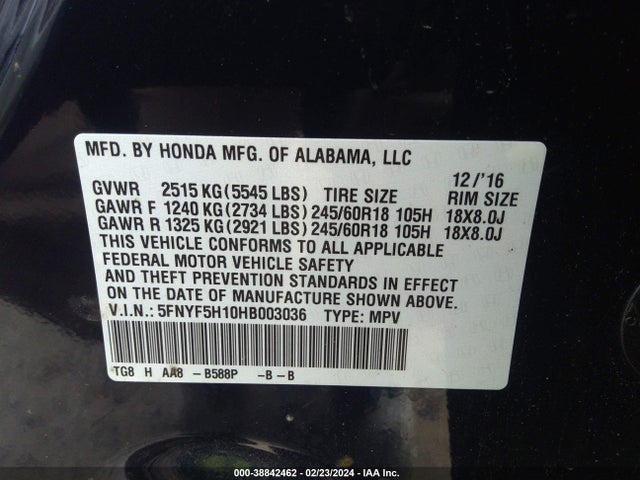 Honda PILOT LX 2017 5FNYF5H10HB003036 Image 9