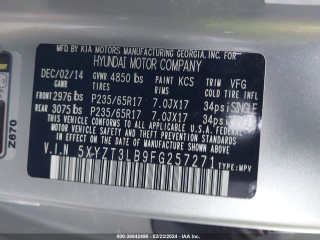 2015 HYUNDAI SANTA FE SPORT 2.4L VIN: 5XYZT3LB9FG257271