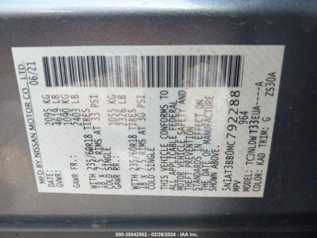 5N1AT3BB0MC792288 Nissan Rogue Sv Intelligent Awd