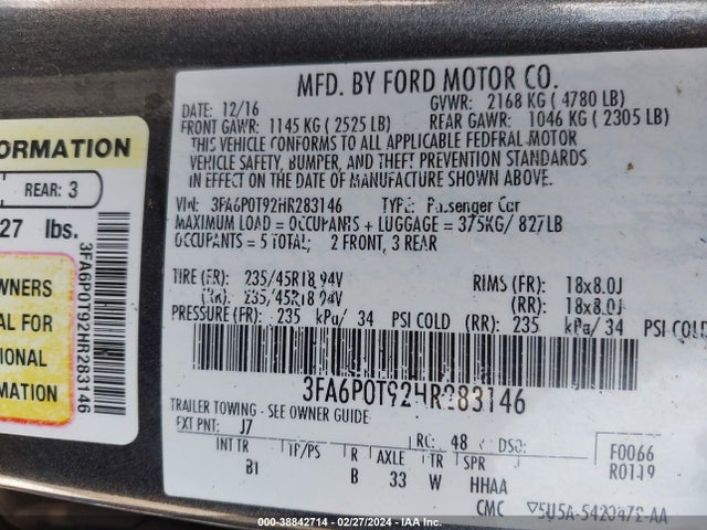 Ford FUSION SE 2017 3FA6P0T92HR283146 Image 9