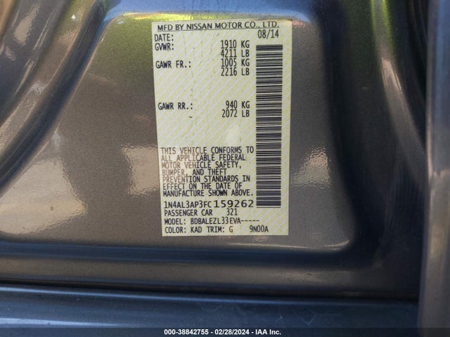 Nissan Altima 2.5 S 2015 1N4AL3AP3FC159262 Image 9