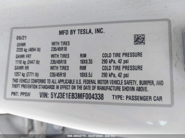 5YJ3E1EB3MF004338 Tesla Model 3 Long Range Dual Motor All-wheel Drive