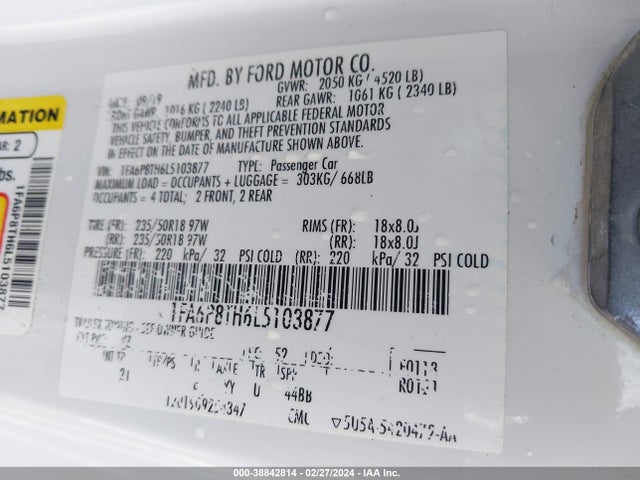 Ford Mustang Ecoboost Fastback 2020 1FA6P8TH6L5103877 Image 9