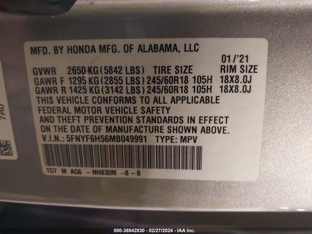 Honda Pilot Awd Ex-l 2021 5FNYF6H56MB049991 Image 9