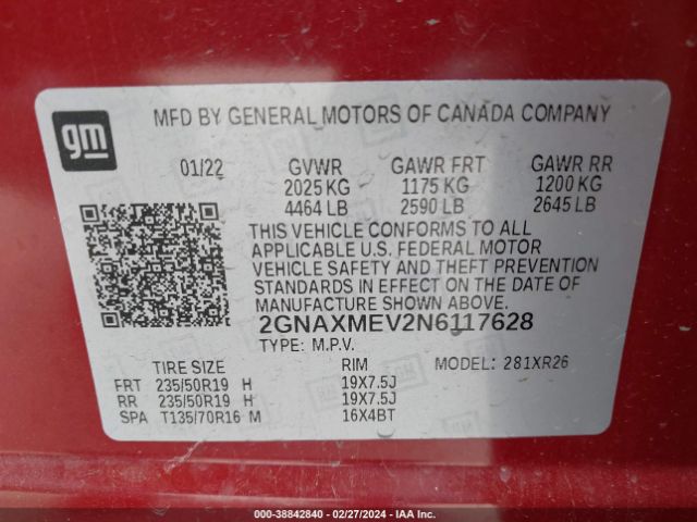2GNAXMEV2N6117628 Chevrolet Equinox Fwd Rs
