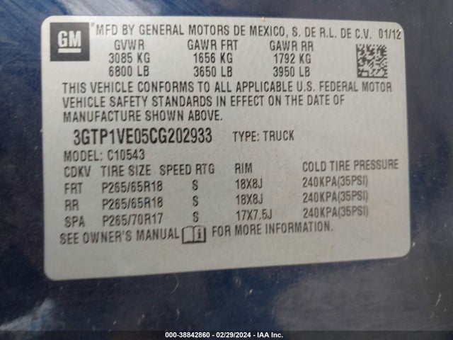 Aukcja sprzedaży 2012 Gmc Sierra 1500 Sle, vin: 3GTP1VE05CG202933, numer aukcji: 38842860