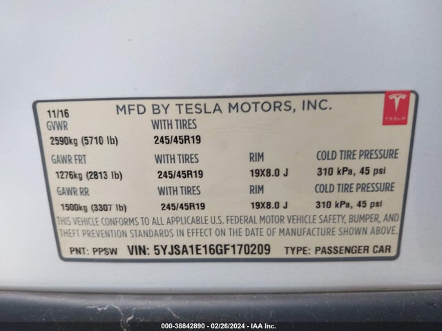 Tesla Model S 60/70/75/85 2016 5YJSA1E16GF170209 Image 9