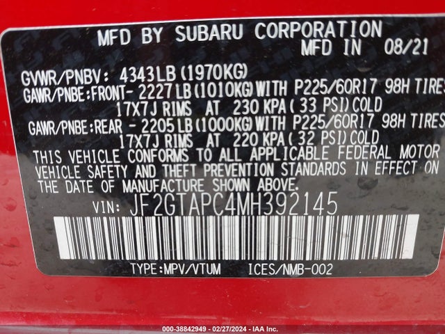 Subaru Crosstrek Premium 2021 JF2GTAPC4MH392145 Image 9