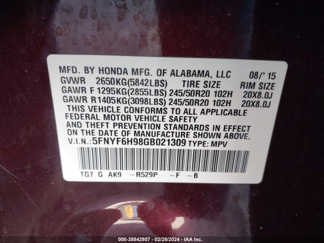 Honda Pilot Touring 2016 5FNYF6H98GB021309 Image 9