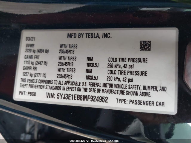 5YJ3E1EB8MF924952 Tesla Model 3 Long Range Dual Motor All-wheel Drive