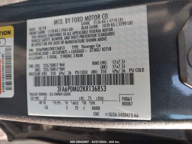 3FA6P0MU2KR136853 Ford Fusion Hybrid Sel