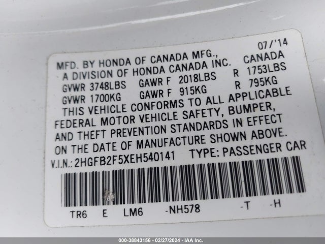 Honda Civic Lx 2014 2HGFB2F5XEH540141 Image 9