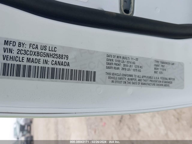 2022 DODGE CHARGER SXT RWD VIN: 2C3CDXBG5NH258879