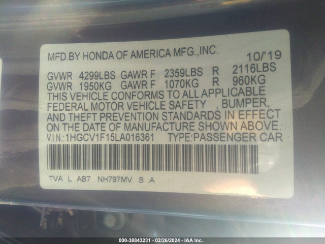 Honda ACCORD LX 2020 1HGCV1F15LA016361 Image 9