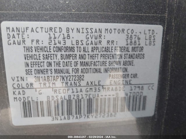 Nissan SENTRA S 2019 3N1AB7AP7KY272382 Image 9
