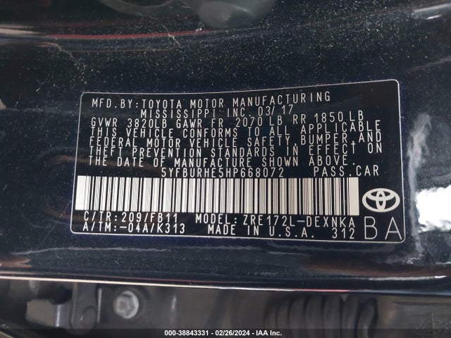 Toyota COROLLA LE 2017 5YFBURHE5HP668072 Image 9
