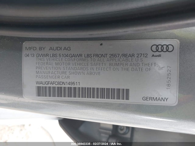 2013 AUDI A6 2.0T PREMIUM VIN: WAUGFAFC8DN149511